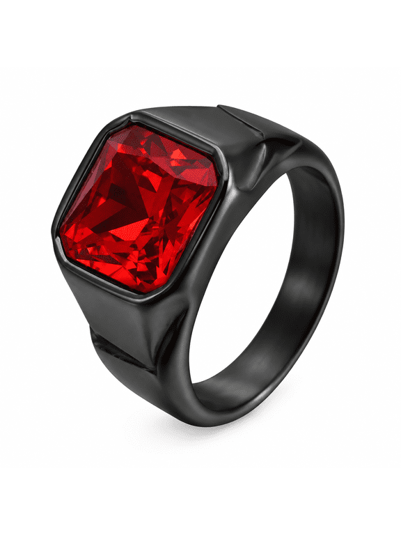 Unisex Rectangular Stone Ring in Stainless Steel, Faceted Center with Angular Shoulders, US Sizes 7-13, Bold Style for Evening Outfits and Graduation Gifts