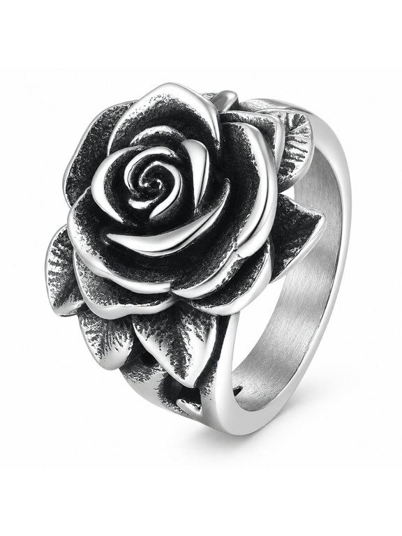 Unisex Sculpted Rose Ring in Stainless Steel, US Sizes 7-13, Raised 20mm Flower with Layered Petals and Leaves for Gothic Romantic Outfits and Birthday Gifts