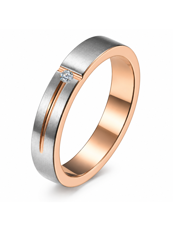 Unisex Stainless Steel T-Detail Stone Ring with a White Accent, 4mm Band in Sizes 4-12, Silver-Tone or Rose-Gold-Tone Trim for Minimal Style and Birthday Gifts