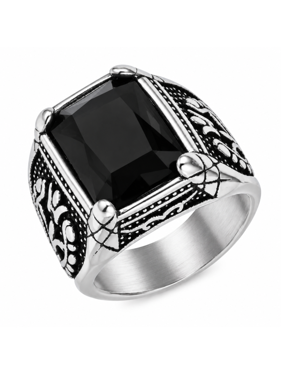 Unisex Tulip Stone Ring in Stainless Steel, 18mm Rectangular Center with Floral Shoulders, US Sizes 7-15, Vintage Style for Evening Wear and Birthday Gifts