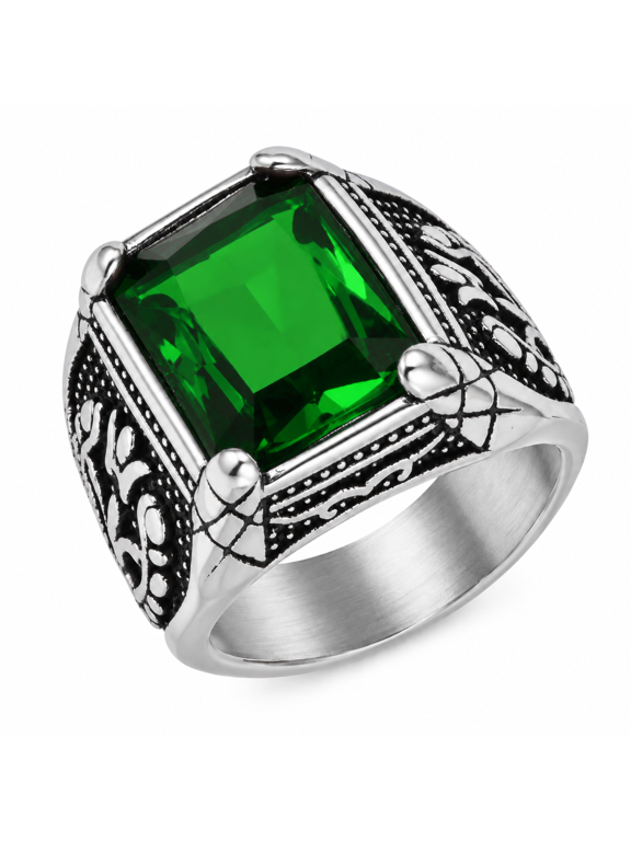 Unisex Tulip Stone Ring in Stainless Steel, 18mm Rectangular Center with Floral Shoulders, US Sizes 7-15, Vintage Style for Evening Wear and Birthday Gifts