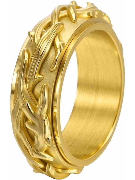Unisex Vintage Stainless Steel Thorns Spinner Ring, 8mm Rotating Vine Band
