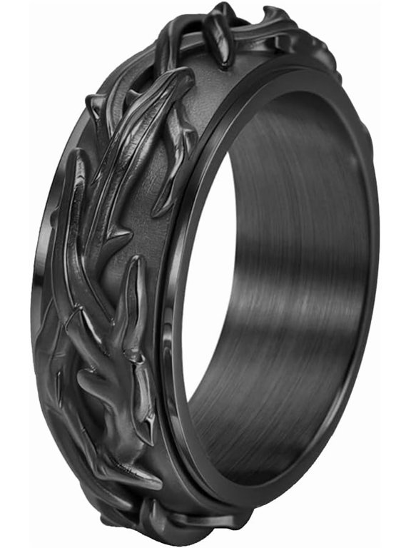 Unisex Vintage Stainless Steel Thorns Spinner Ring, 8mm Rotating Vine Band