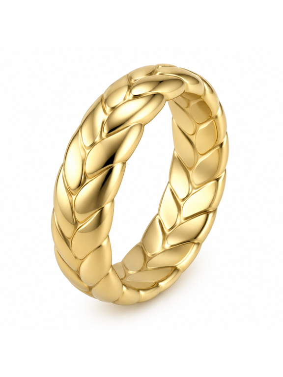Unisex Wheat Ring in Stainless Steel, 6mm Band with Overlapping Grain Relief, US Sizes 7-11, Botanical Style for Knitwear and Gifts for Nature Enthusiasts