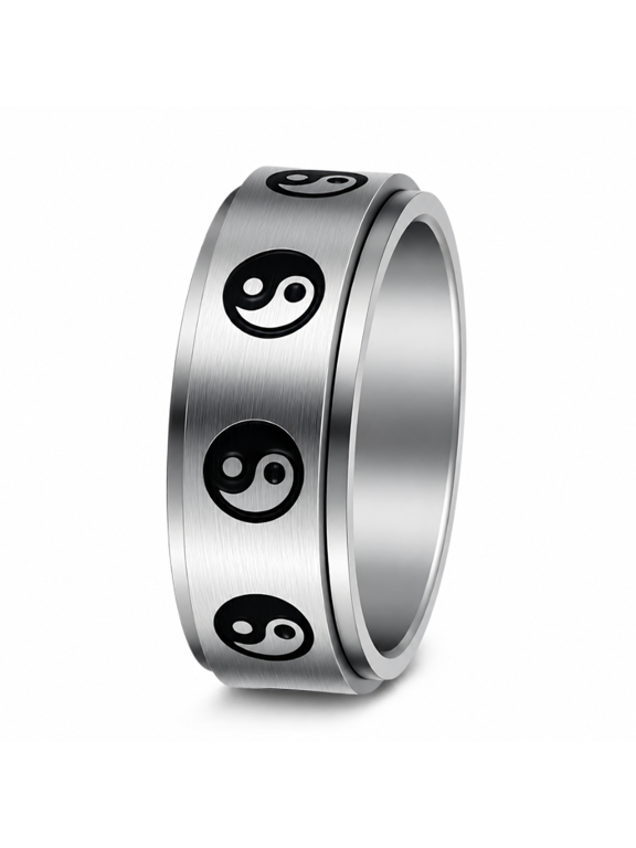 Unisex Yin Yang Band Ring in Stainless Steel with Repeated Circular Symbols and an 8mm Profile, US Sizes 5-13, Minimal Birthday Gift for Partners and Friends