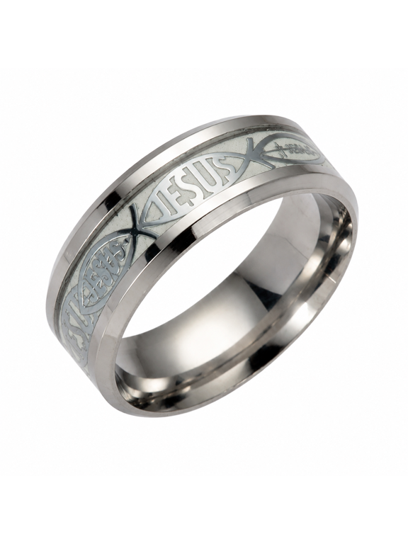 Unisex glowing Jesus fish faith band ring in stainless steel, bordered 8mm profile, sizes 6-13, two motif tones with a green low-light effect for evening wear