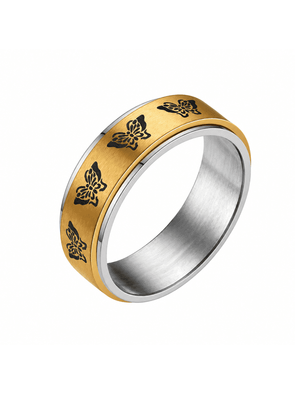 Women’s and Men’s Butterfly Spinner Ring, Stainless Steel Casual Style, Four Rotating Color Options, 8mm Wide Profile, Whole Sizes 6-12 for Daily Wear and Friendship Gifts