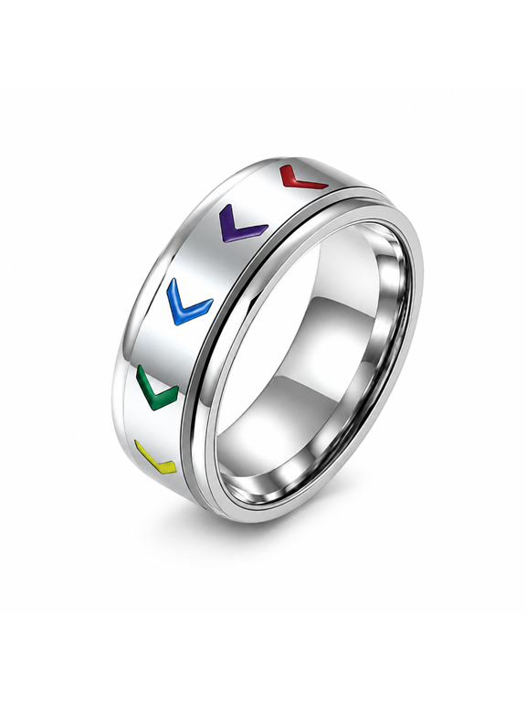 Women’s and Men’s Chevron Spinner Ring, Stainless Steel Urban Style, Three Multicolor Rotating Options, 8mm Wide Profile, Whole Sizes 7-12 for Daily Wear and Friendship Gifts