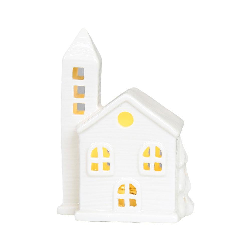 BQLQBQLQ White Ceramic Christmas Village Houses – Set Of 6 With Built-in LED Lights, Remote Control, Porcelain Tabletop Decor For Winter Village, Farmhouse Holiday