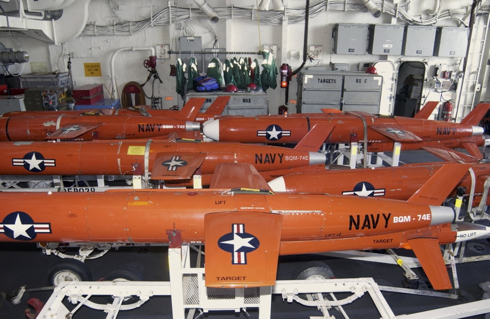 BQM-74E Chukar target drones stowed aboard USS Cushing?Ø¬æ¬¥?Ø¬æ¬†?Ø¬æ¬¥s hanger bay Canvas Art - Stocktrek Images (35 x 23)