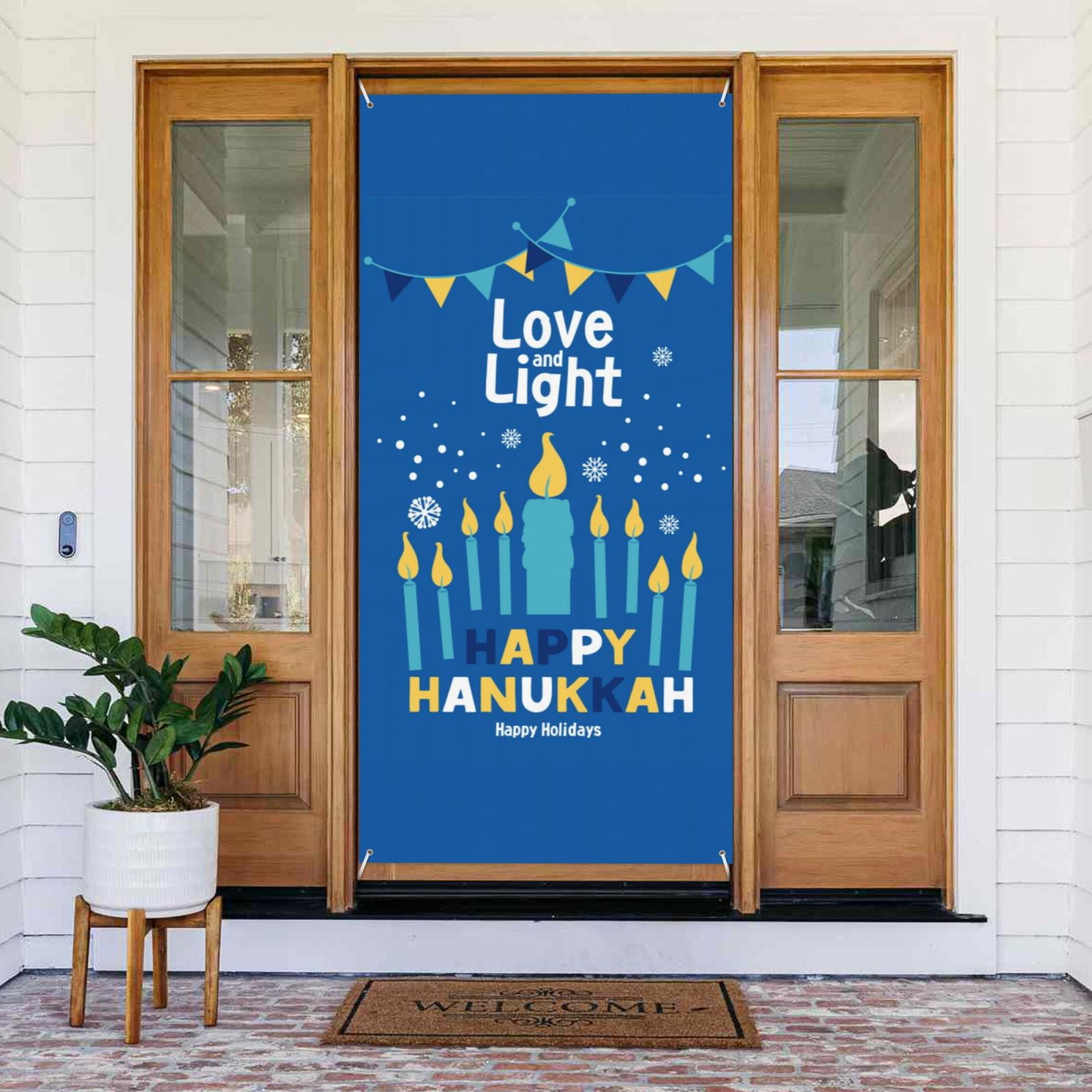 BQQLLBD Happy Hanukkah Jewish Festival Holiday Door Cover Banner Porch Sign Photography Background 35.4 x 72.8 inches