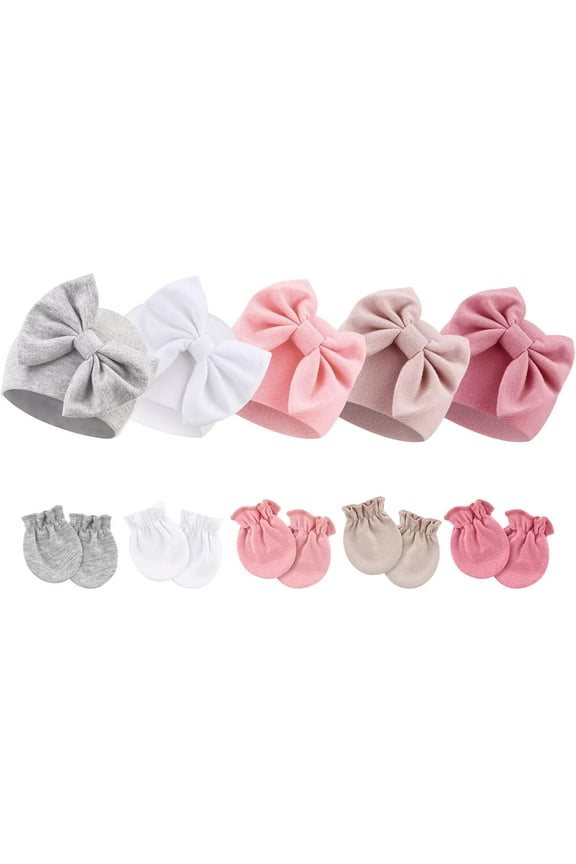 BQUBO Newborn Baby Girls Hats Mittens Set Hospital Hat Beanie Infant Bow Hats Baby Cotton Gloves No Scratch Mittens