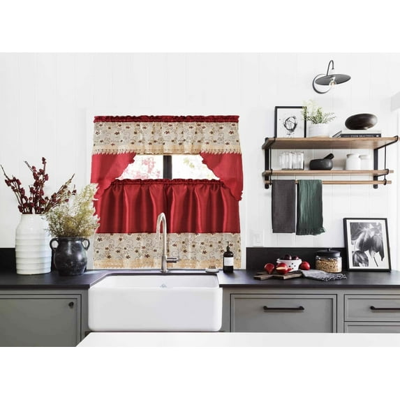 BR-01 3 Pieces Embroidery Floral Multicolor Window Kitchen Curtain Set 2 Tier + 1 Swag Valance for Kitchen Rod Pocket Top