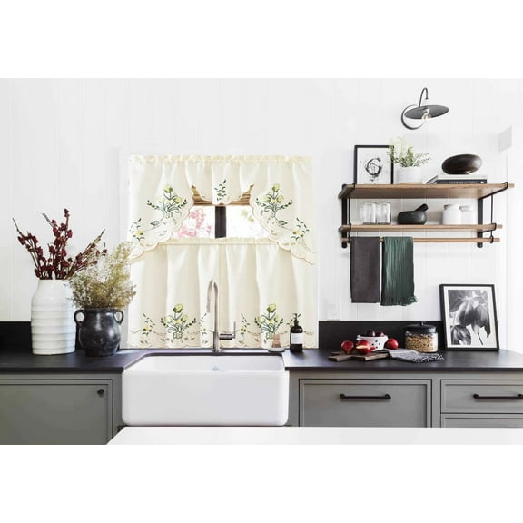 BR-02 3 Pieces Embroidery Ivory Floral Multicolor Window Kitchen Curtain Set 2 Tier + 1 Swag Valance for Kitchen Rod Pocket Top