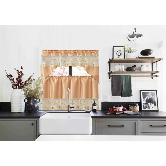 BR-03 3 Pieces Embroidery Floral Multicolor Window Kitchen Curtain Set 2 Tier + 1 Swag Valance for Kitchen Rod Pocket Top