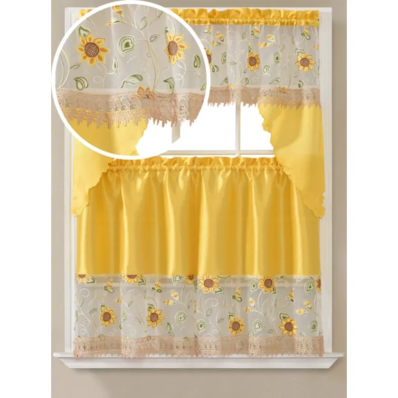 BR-06 3 Pieces Embroidery Floral Multicolor Window Kitchen Curtain Set 2 Tier + 1 Swag Valance for Kitchen Rod Pocket Top