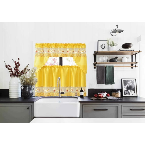 BR-17 3 Pieces Embroidery Floral Multicolor Window Kitchen Curtain Set 2 Tier + 1 Swag Valance for Kitchen Rod Pocket Top