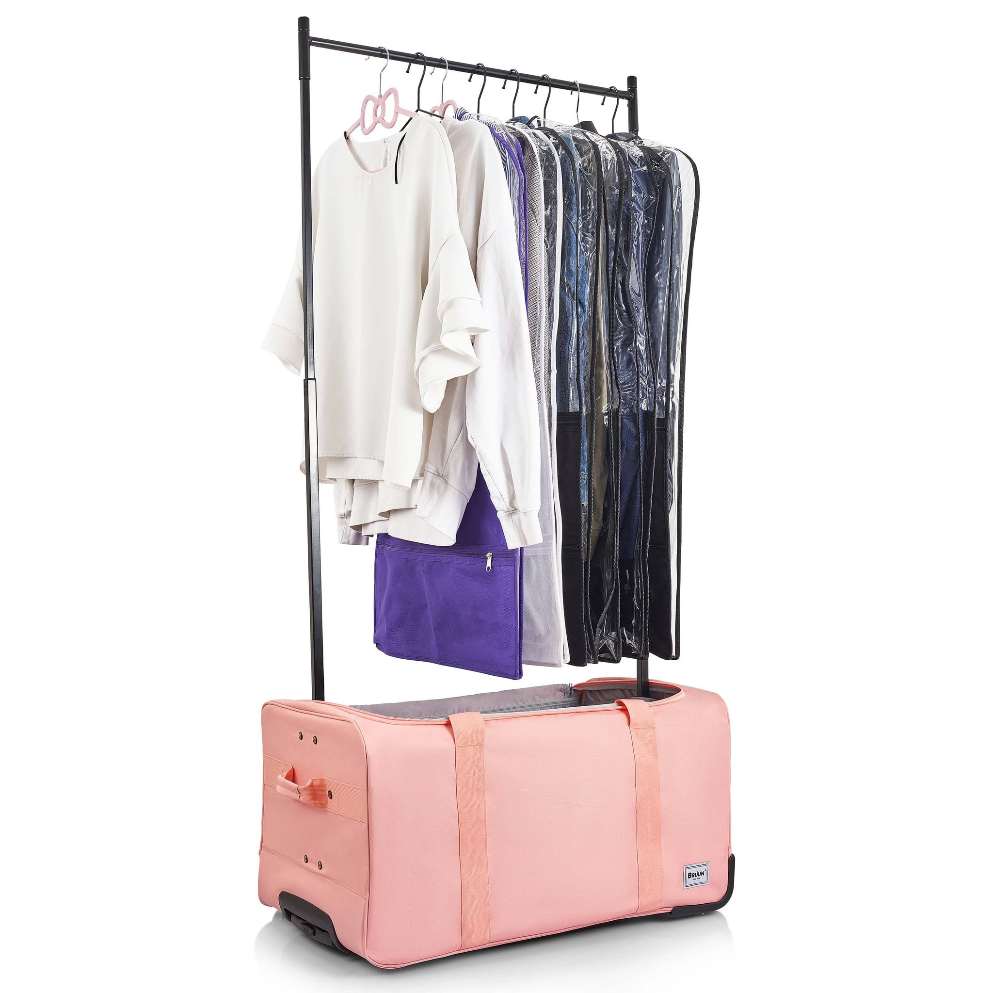 BRÜUN Large Size Duffel Bag Pink Colored Dream Rolling Carrier with Garment Rack and Wheels
