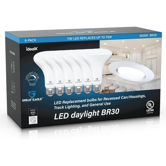BR30 LED Bulb, 11W (75W Equivalent), 850 Lumens, 5000K Daylight Color, for Recessed Can Use, Dimmable, and UL Listed (6 Pack)