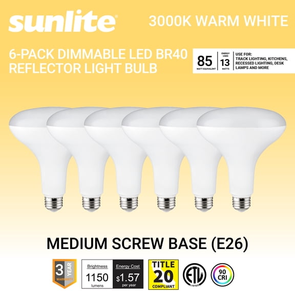 Sunlite LED BR40 Reflector Light Bulb, 12 Watts (85 Watt Equivalent), 120V, 1150 Lumens, Medium E26 Base, 90 CRI, Dimmable, Title-20 Compliant, ETL Listed, 3000K Warm White, 6 Pack