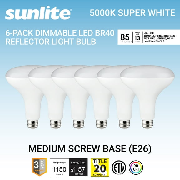 Sunlite LED BR40 Reflector Light Bulb, 12 Watts (85 Watt Equivalent), 120V, 1150 Lumens, Medium E26 Base, 90 CRI, Dimmable, Title-20 Compliant, ETL Listed, 5000K Daylight, 6 Pack