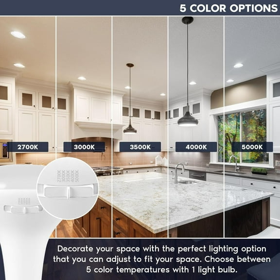 BR40 Light Bulb, 12W (75 Watt Equivalent), 5CCT 2700K 3000K 3500K 4000K 5000K, CRI 90, Dimmable, 1080 Lumens, Flood Light Bulb, Listed, E26 Medium Base (6 Count, Pack of 1)