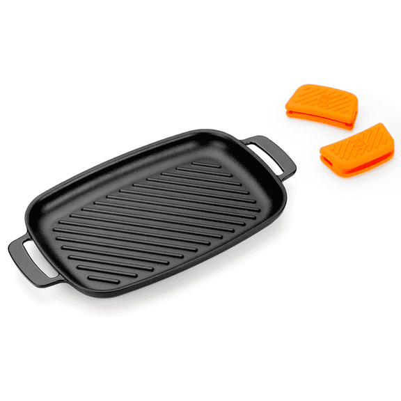 BRA COOKWARE Efficient Iron Rectangular Ribbed Grill | 13 inches x 8.7 inches Cast Iron Rectangular Griddle | All Heat Sources Compatible | Toxic Fre | W/o Non-Stick | Silicon Handle | Non Deformable
