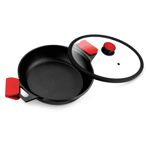 BRA COOKWARE Infinity Dual-Handled Sauté Pan w/ Glass Lid | 11-Inch 2.95-Quart Shallow Stock Pot | Nonstick Cast Aluminum Everyday Chef Pan | Toxic Free Rondeau Pot | All Cooktops incl. Induction