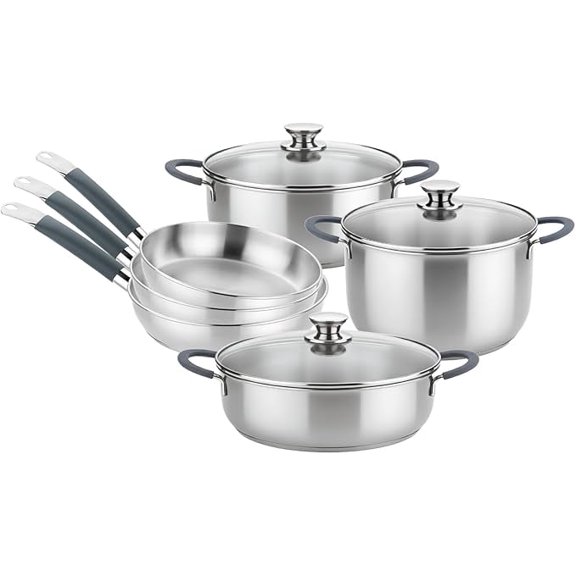 BRA COOKWARE Master 9-Piece Stainless Steel Cookware Set | Professional Pots & Pans Set w/ 2 Pots, 1 Sauté Pan, 3 Frying Pans, 3 Lids | All Stovetops | Toxic Free | Silicone Coated Handles