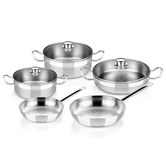 BRA COOKWARE Profesional 8-Piece Stainless Steel Cookware Set | Professional Pots & Pans Set | Kitchen Set w/ 2 Pots, 1 Sauté Pan, 2 Frying Pans, 3 Lids | All Heat Sources Compatible | Toxic Free