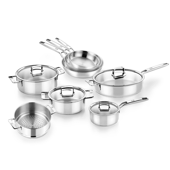 BRA COOKWARE Signature 12-Piece Stainless Steel Cookware Set | Professional Pots & Pans Set | Kitchen Set w/ 2 Pots, 1 Sauté Pan, 3 Fry Pans, 1 Saucepan, 1 Steamer, 4 Lids | All Stovetop | Toxic Free