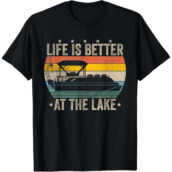 Vintage Life Is Better At The Lake Retro Boating Pontoon T-Shirt- Classic Unisex 100% Cotton Crew Neck T-Shirt Breathable Casual Everyday Wear Affordable Graphic Free shipping t shirts