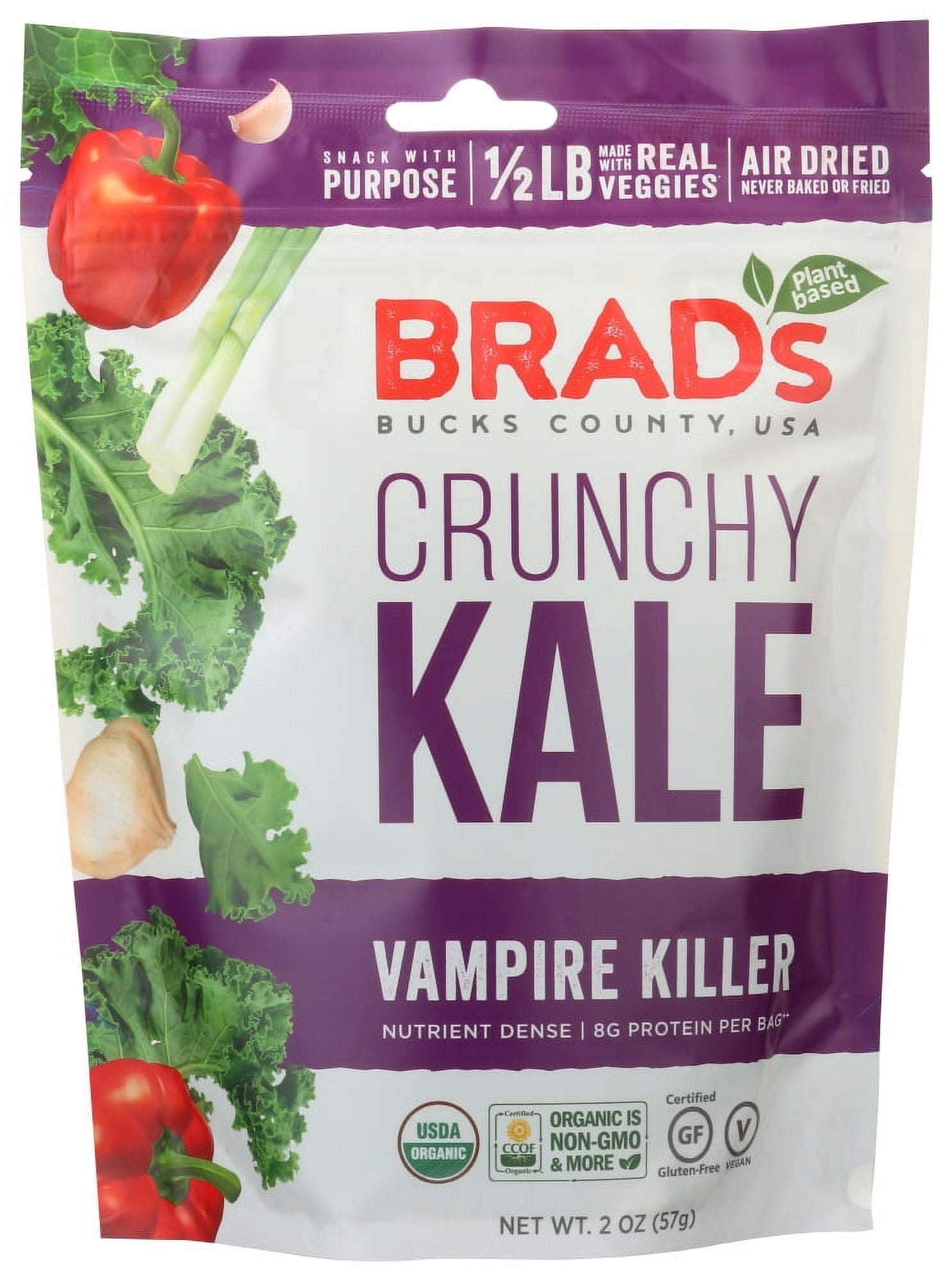 BRAD'S PLANTBASED FOODS, CRUNCHY KALE, VAMPIRE KILLER, 2 OZ. PLASTIC