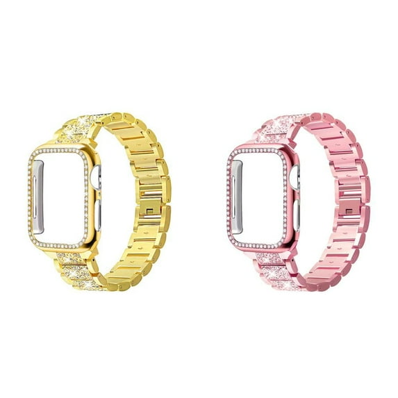 BRADCET 1/2Pack Bling Women Stainless Steel Metal Band + Hard Case Compatible with Apple Watch Bands 44mm 45mm 40mm 38mm 41mm 42mm Wristbands with Cover Bumper for iWatch Series 9 8 7 SE 6 5 4 3 2 1