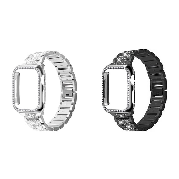 BRADCET 1/2Pack Bling Women Stainless Steel Metal Band + Hard Case Compatible with Apple Watch Bands 44mm 45mm 40mm 38mm 41mm 42mm Wristbands with Cover Bumper for iWatch Series 9 8 7 SE 6 5 4 3 2 1