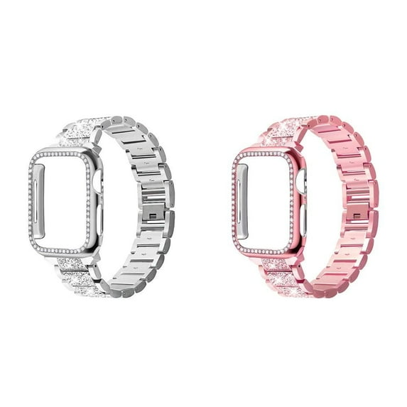BRADCET 1/2Pack Bling Women Stainless Steel Metal Band + Hard Case Compatible with Apple Watch Bands 44mm 45mm 40mm 38mm 41mm 42mm Wristbands with Cover Bumper for iWatch Series 9 8 7 SE 6 5 4 3 2 1