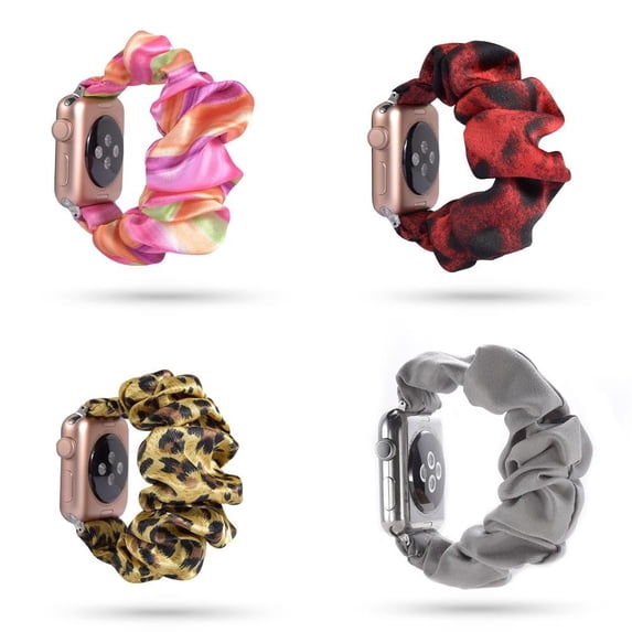 BRADCET 1/4Pack Women Scruncie Strap Compatible with Apple Watch Bands 40mm 41mm 42mm 38mm 44mm 45mm 49mm, Elastic Cute Printed Nylon Solo Loop Wristbands for iWatch Series Ultra 9 8 7 SE 6 5 4 3 2 1