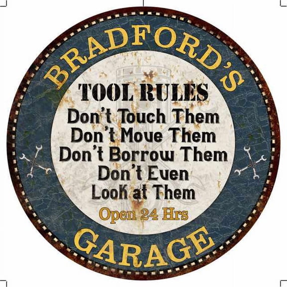 BRADFORD'S Garage Rules 12" Round Metal Sign Garage Wall Dcor 100140015459