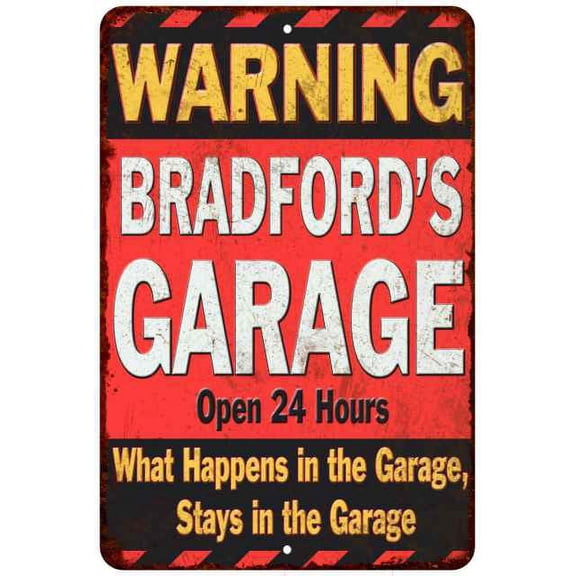 BRADFORD'S Garage Warning Man Cave Wall Decor 8x12 Metal Sign 108120030470