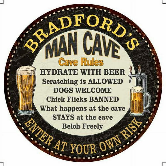 BRADFORD'S Man Cave Rules 14" Round Metal Sign Garage Wall Decor 100140010459