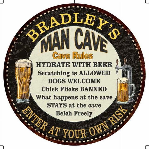 BRADLEY'S Man Cave Rules 14" Round Metal Sign Garage Wall Decor 100140010374