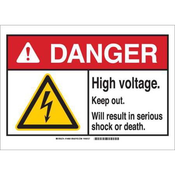 brady 144645 fiberglass"danger high voltage. keep out. will result in serious shock or death." sign, 10" h x 14" w, black/red/yellow/white