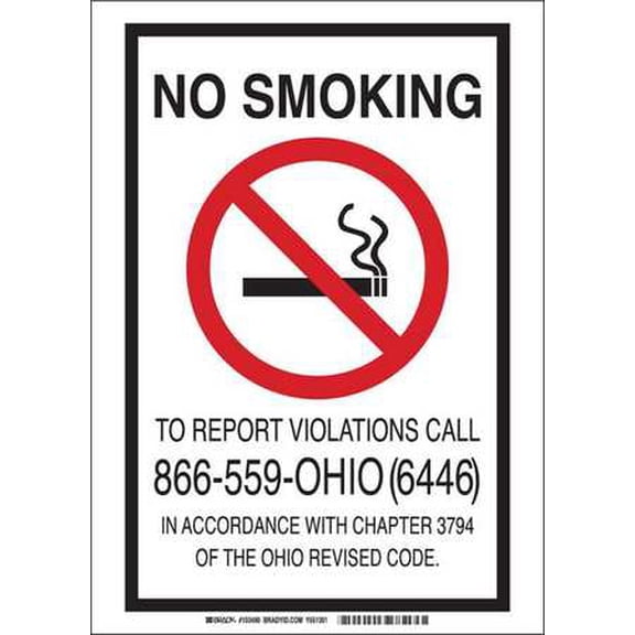 brady 103491 plastic, 10" x 7" legend "no smoking to report violations call 866-559-ohio (6446) in accordance with chapter 3794 of the ohio revised code."