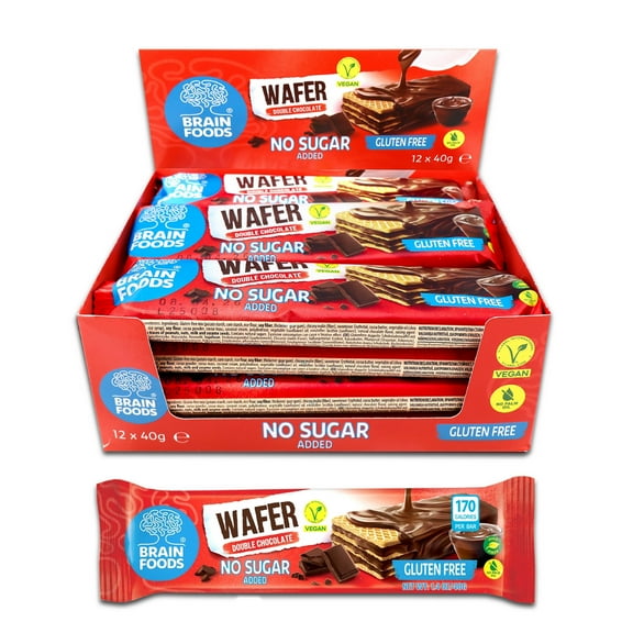 BRAIN FOODS Gluten Free Vegan Double Chocolate Wafers - 12 Bars, No Sugar Added, High Fiber, No Palm Oil, 1.4 oz, 170 Calories, Guilt Free Snack, Natural Chocolate Flavor