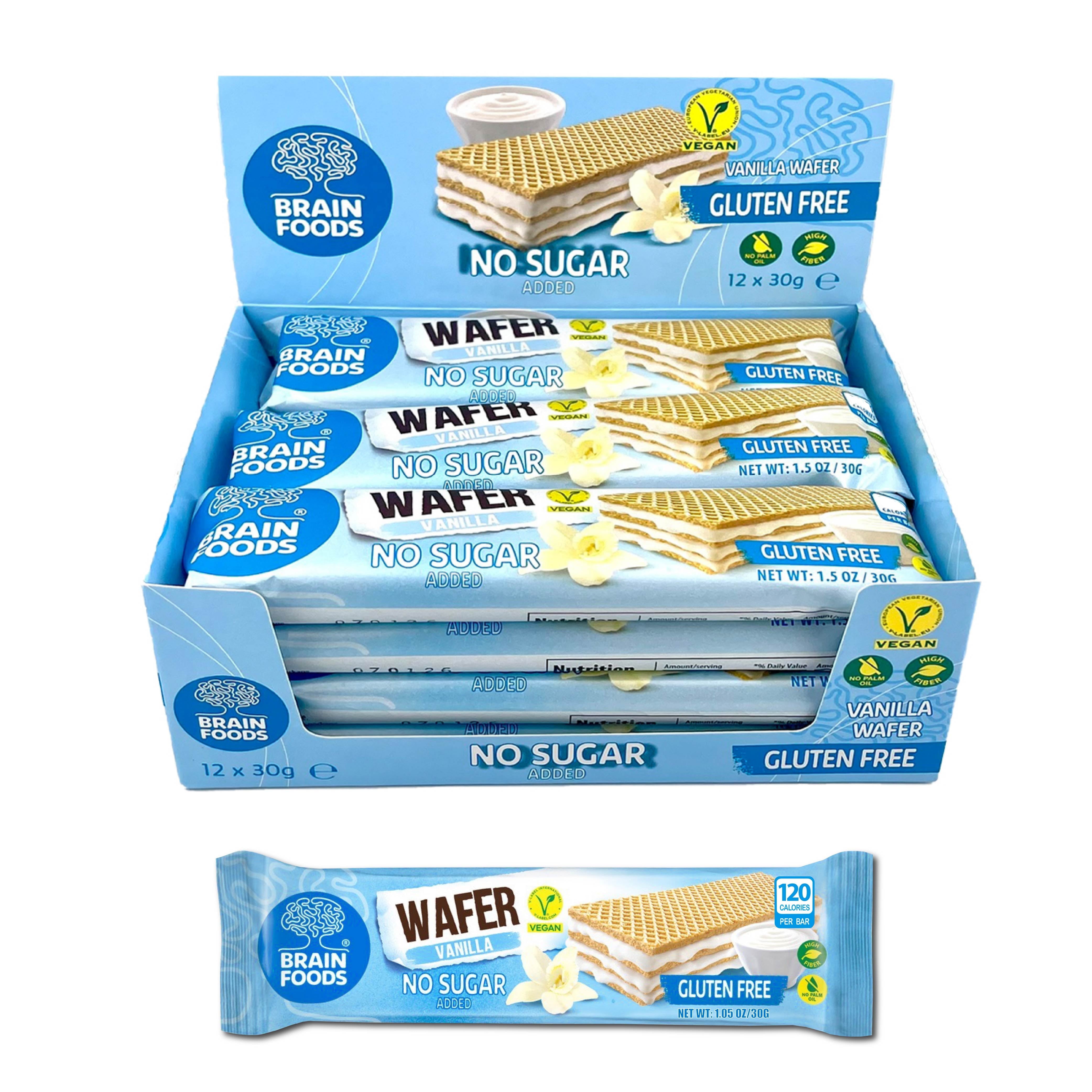 BRAIN FOODS Gluten Free Vegan Vanilla Wafers - 12 Bars, No Sugar Added, High Fiber, No Palm Oil, 1.05oz, 120 Calories, Guilt Free Snack, Natural Vanilla Flavor