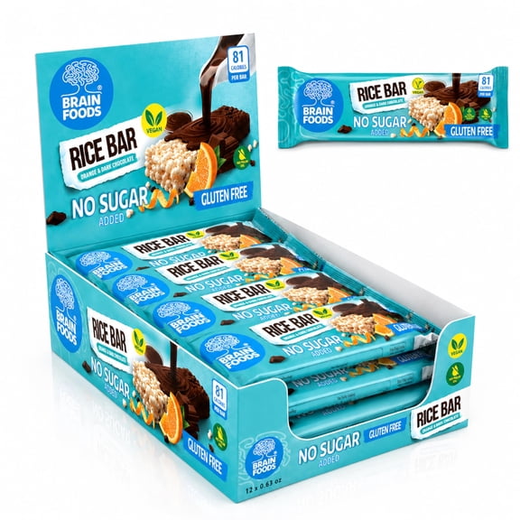 BRAIN FOODS Rice Bar - Orange & Dark Chocolate- Gluten Free, Vegan, No Sugar Added, No Palm Oil, .63 oz, 81 Calories, (12 Bars)