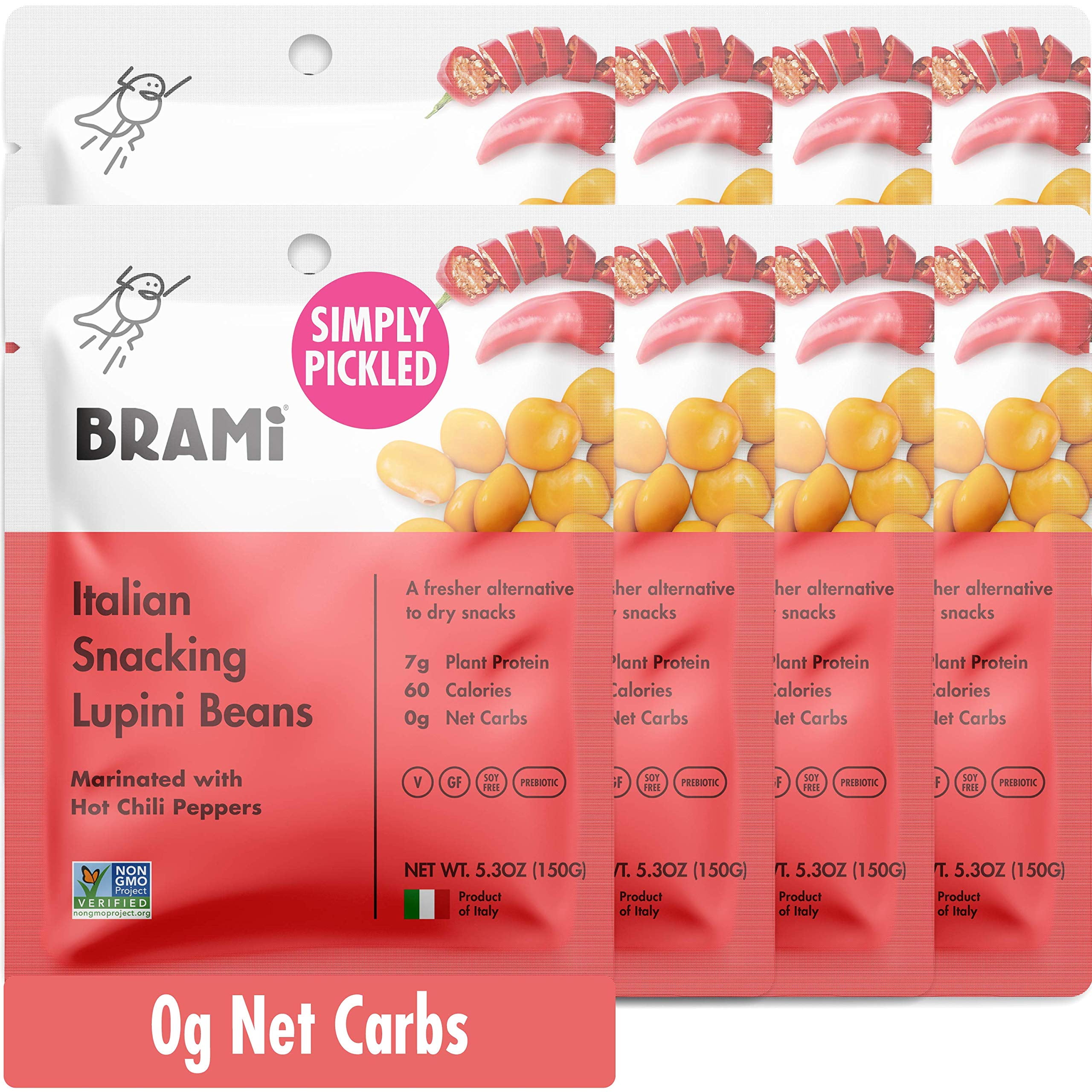BRAMI Lupini Beans Snack, Hot Chili Pepper | 7g Plant Protein, 0g Net Carbs | Vegan, Vegetarian, Keto, Plant Based, Mediterranean Diet, Non Perishable | 5.3 Ounce (8 Count)