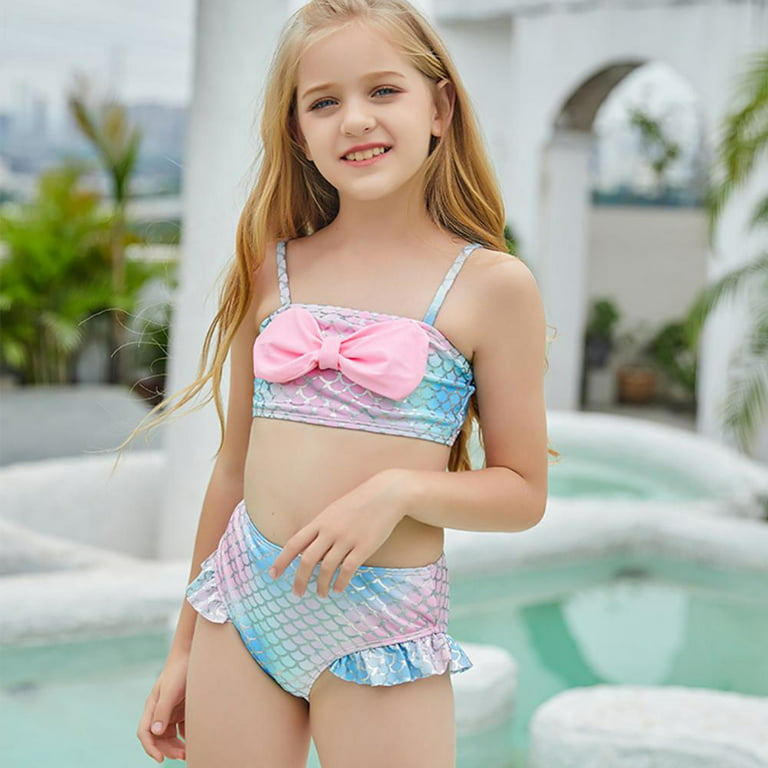 [BRAND CLEARANCE!!!] 7-12Y Girls Swimsuits Two Piece Bathing Suit Sets  Adjustable Halter Top 3D Printed Tankini Swimwear for Summer Vacation  (Style B)