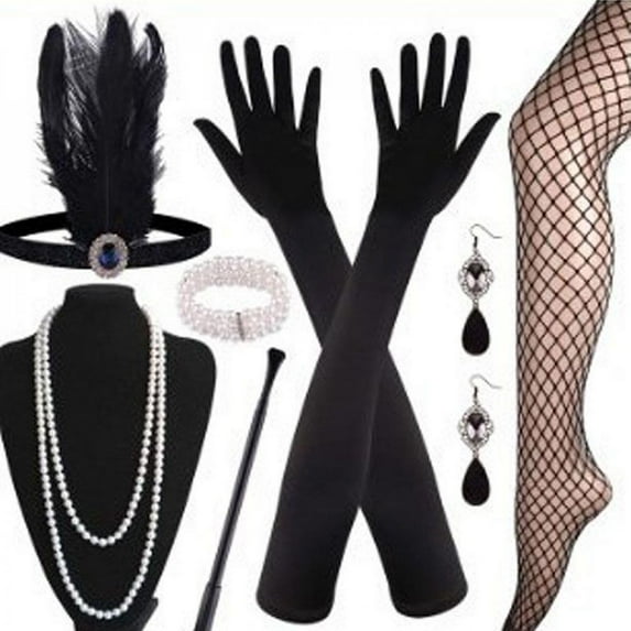 [BRAND FACTORY PRICE!]Women Costume Gatsby Feather Headband Earrings Elegant Long Satin Gloves Set of Decorations Pearl Necklace Accessories Art Deco Parties
