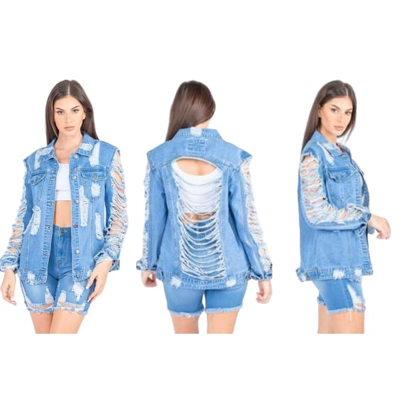 BRAND NEW LADIES DISTRESSED ALL OVER DENIM JACKETS SIZE-L WITH FREE SHIPPING